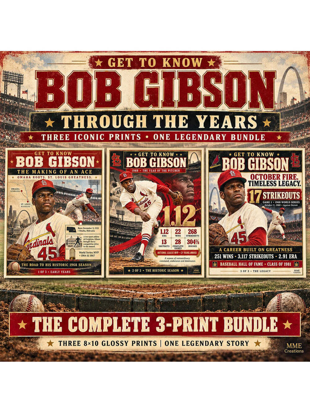 5010 Bob Gibson Get to Know Through the Years 3-Piece 8x10 Glossy Print Bundle